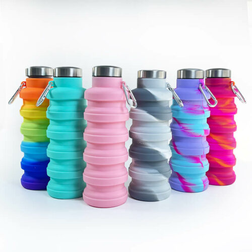 6 color silicone foldable water bottle with stainless steel cap and carabiner