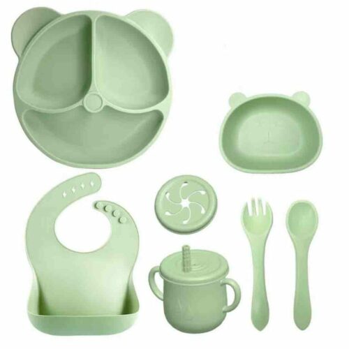 Silicone Baby Feeding Gift Set - Silicone Bib Divided Plate with Suction Spoon & Fork Straw Sippy Cup
